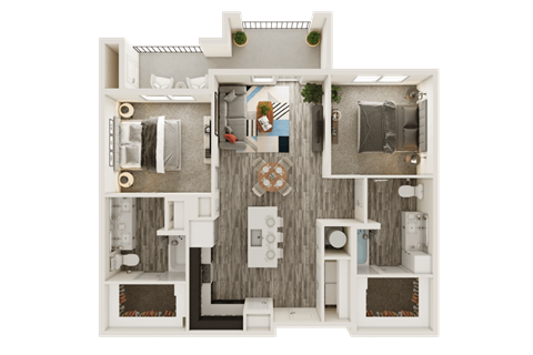 Floor plan for 2 beds, 2 baths, 1064 sqft